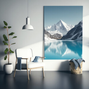 Frame Poster Mockup In Home Interior, Majestic Mountains And A Sapphire Lake, Ai Generaion